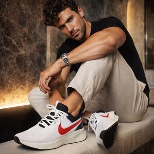 Nike Revolution 7 Men 11.5 White Red Running Shoes New Fast Ship